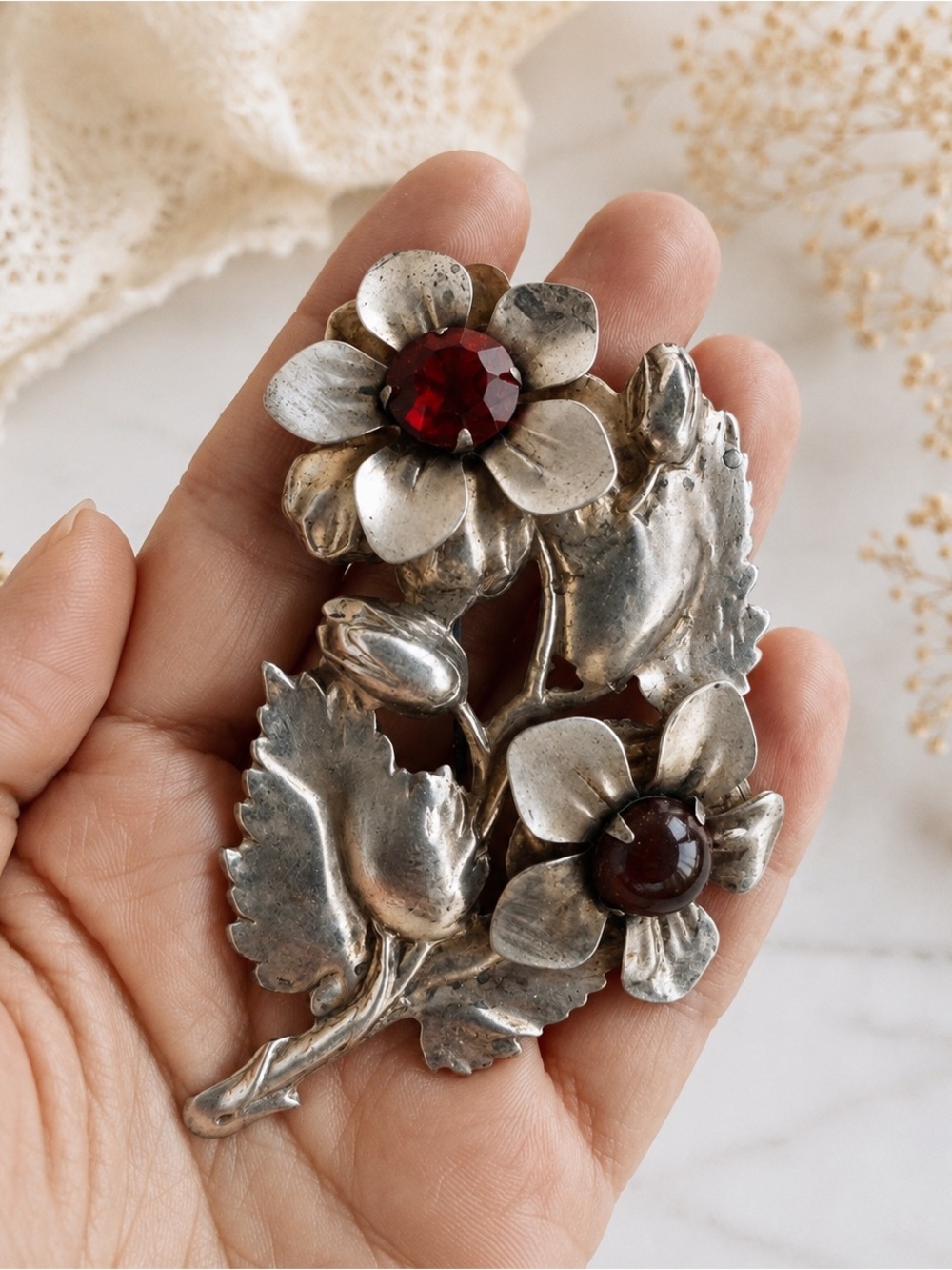Vintage Gold Over Sterling Silver Large Red Cabochon Floral Bouquet Brooch Pin